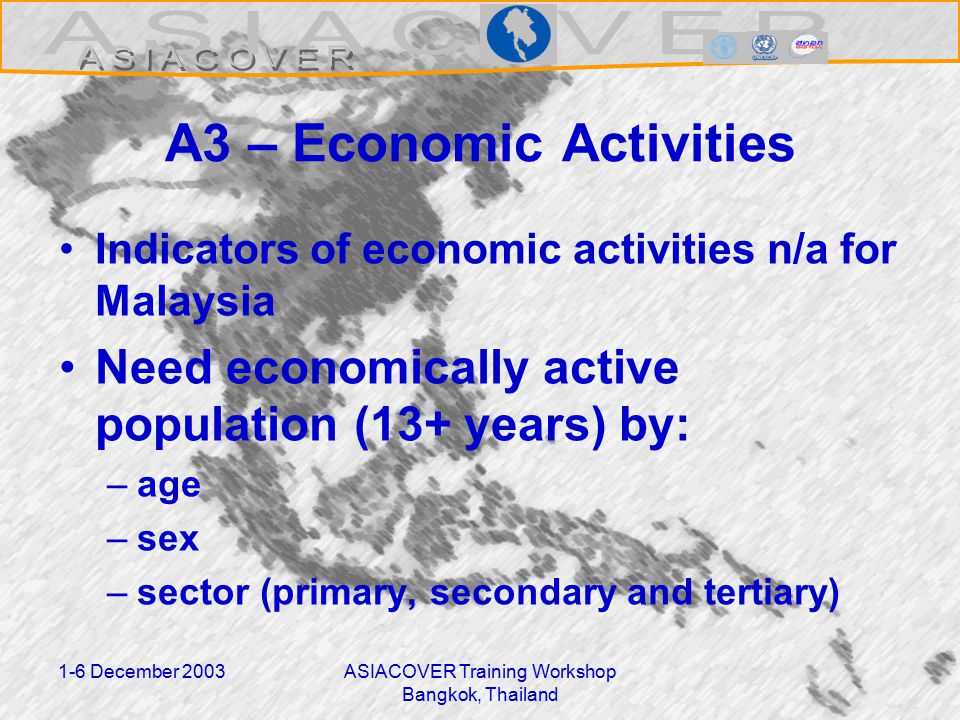 1-6 December 2003ASIACOVER Training Workshop Bangkok, Thailand A3 – Economic Activities Indicators of economic activities n/a for Malaysia Need economically active population (13+ years) by: –age –sex –sector (primary, secondary and tertiary)