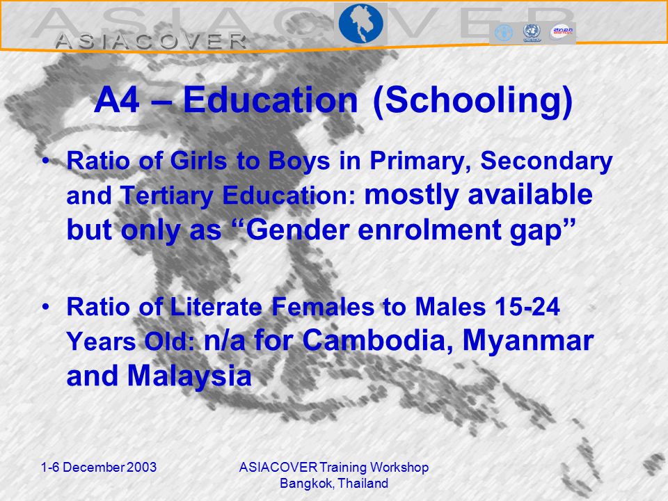 1-6 December 2003ASIACOVER Training Workshop Bangkok, Thailand A4 – Education (Schooling) Ratio of Girls to Boys in Primary, Secondary and Tertiary Education: mostly available but only as Gender enrolment gap Ratio of Literate Females to Males Years Old: n/a for Cambodia, Myanmar and Malaysia
