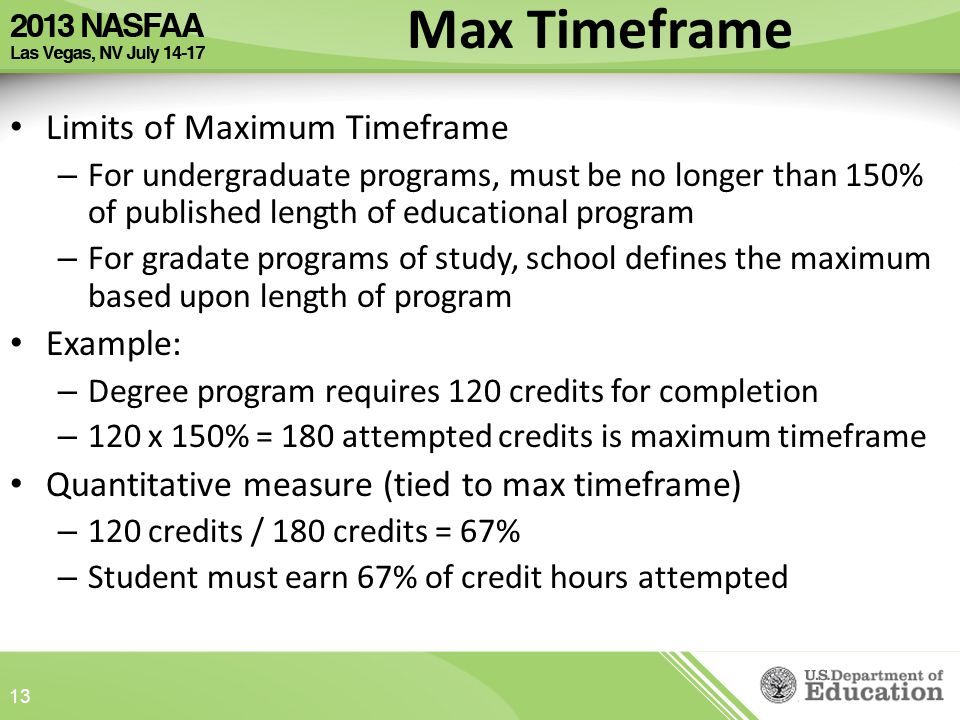 Max Timeframe Limits of Maximum Timeframe – For undergraduate programs, must be no longer than 150% of published length of educational program – For gradate programs of study, school defines the maximum based upon length of program Example: – Degree program requires 120 credits for completion – 120 x 150% = 180 attempted credits is maximum timeframe Quantitative measure (tied to max timeframe) – 120 credits / 180 credits = 67% – Student must earn 67% of credit hours attempted 13