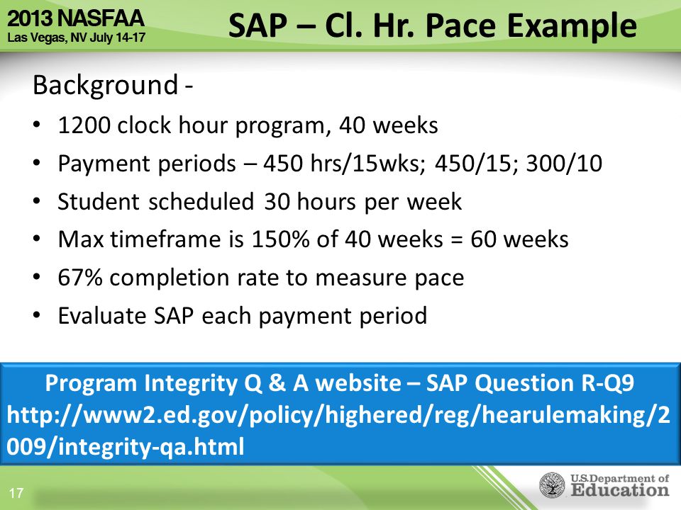Background clock hour program, 40 weeks Payment periods – 450 hrs/15wks; 450/15; 300/10 Student scheduled 30 hours per week Max timeframe is 150% of 40 weeks = 60 weeks 67% completion rate to measure pace Evaluate SAP each payment period 17 SAP – Cl.