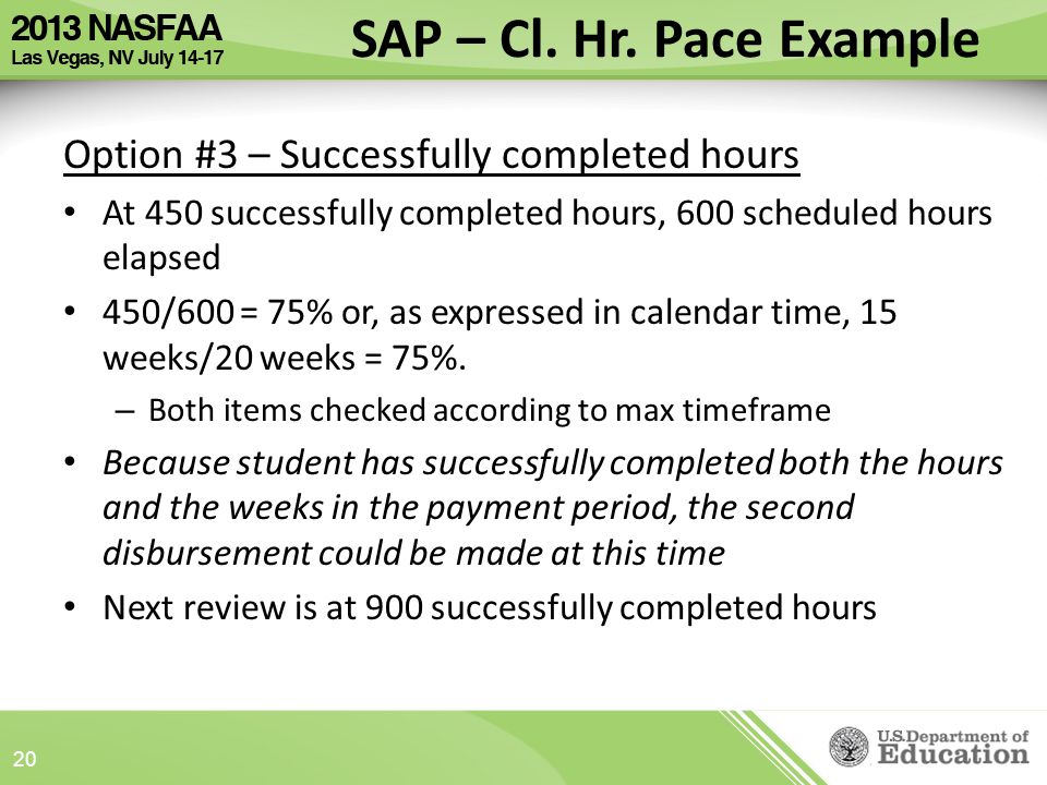 Option #3 – Successfully completed hours At 450 successfully completed hours, 600 scheduled hours elapsed 450/600 = 75% or, as expressed in calendar time, 15 weeks/20 weeks = 75%.