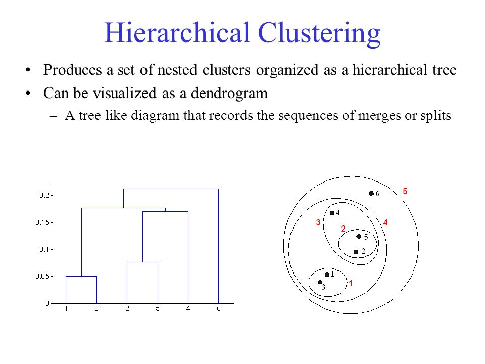 Hierarchical Clustering Produces a set of nested clusters organized as a hierarchical tree Can be visualized as a dendrogram –A tree like diagram that records the sequences of merges or splits