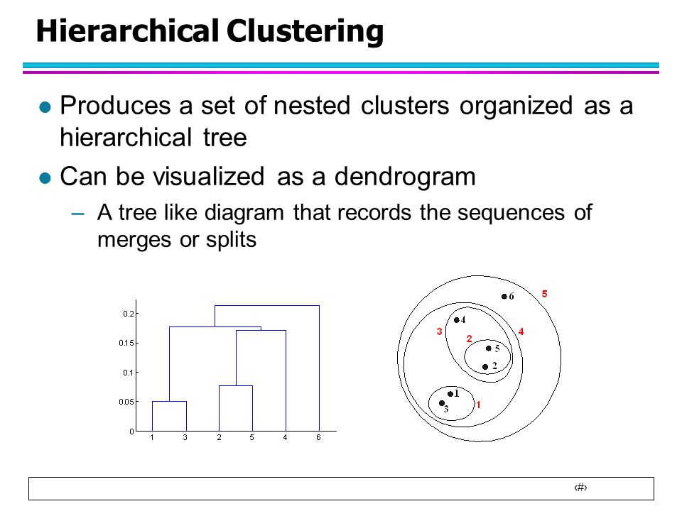 2 Hierarchical Clustering l Produces a set of nested clusters organized as a hierarchical tree l Can be visualized as a dendrogram –A tree like diagram that records the sequences of merges or splits