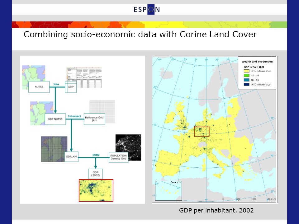 Combining socio-economic data with Corine Land Cover GDP per inhabitant, 2002