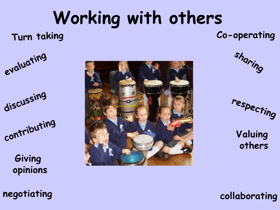 Working with others Turn taking evaluating Co-operating collaborating discussing contributing Giving opinions sharing respecting Valuing others negotiating