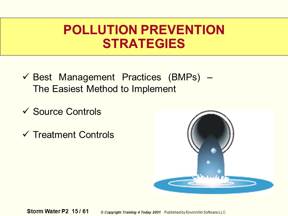 Storm Water P2 15 / 61 © Copyright Training 4 Today 2001 Published by EnviroWin Software LLC POLLUTION PREVENTION STRATEGIES Best Management Practices (BMPs) – The Easiest Method to Implement Source Controls Treatment Controls