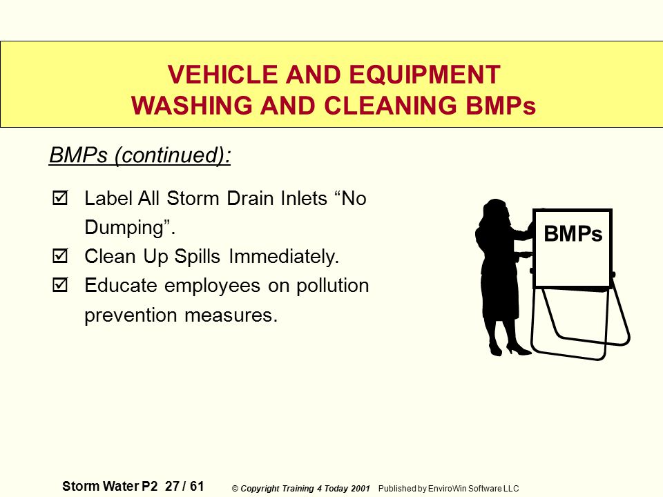 Storm Water P2 27 / 61 © Copyright Training 4 Today 2001 Published by EnviroWin Software LLC VEHICLE AND EQUIPMENT WASHING AND CLEANING BMPs  Label All Storm Drain Inlets No Dumping .