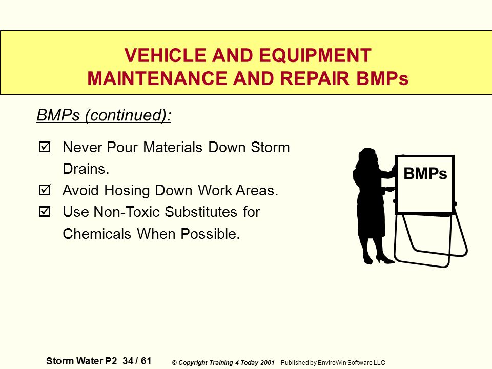 Storm Water P2 34 / 61 © Copyright Training 4 Today 2001 Published by EnviroWin Software LLC VEHICLE AND EQUIPMENT MAINTENANCE AND REPAIR BMPs  Never Pour Materials Down Storm Drains.
