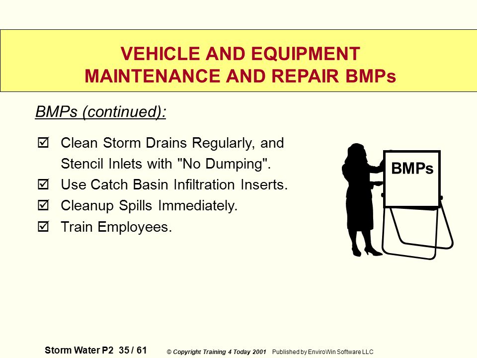 Storm Water P2 35 / 61 © Copyright Training 4 Today 2001 Published by EnviroWin Software LLC VEHICLE AND EQUIPMENT MAINTENANCE AND REPAIR BMPs  Clean Storm Drains Regularly, and Stencil Inlets with No Dumping .