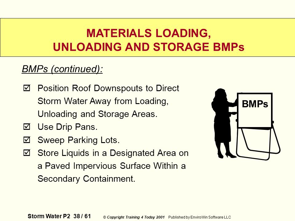 Storm Water P2 38 / 61 © Copyright Training 4 Today 2001 Published by EnviroWin Software LLC MATERIALS LOADING, UNLOADING AND STORAGE BMPs  Position Roof Downspouts to Direct Storm Water Away from Loading, Unloading and Storage Areas.