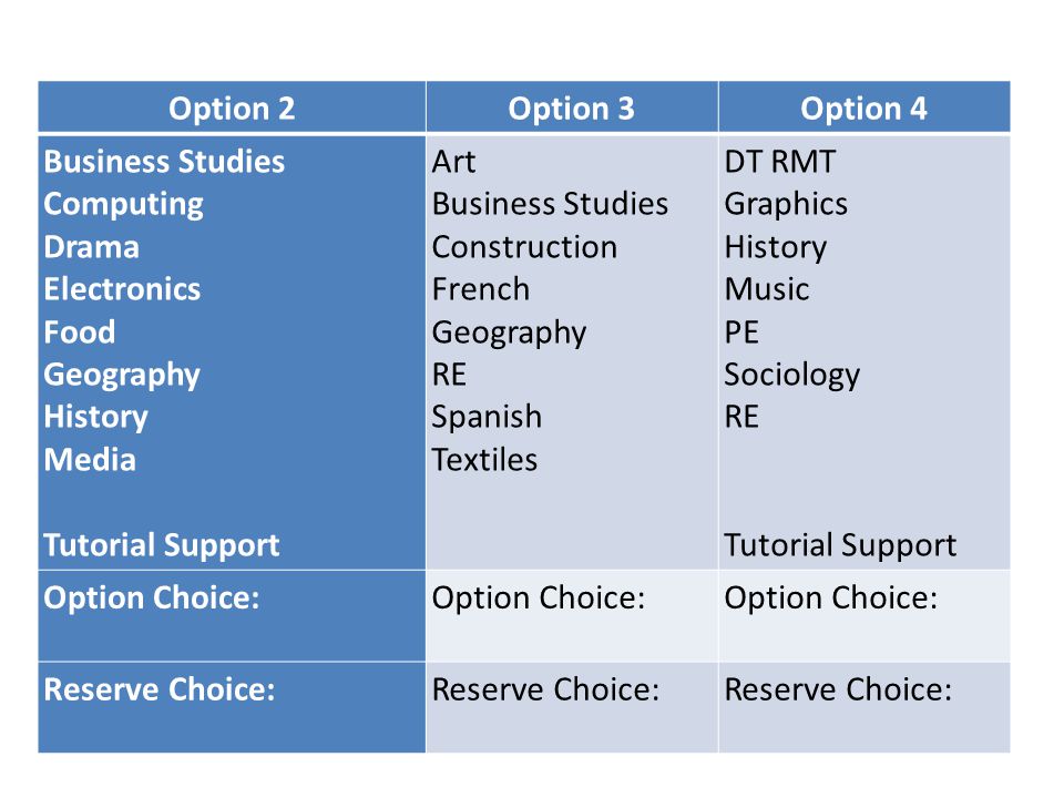 Friendship Excellence Opportunity Option 2Option 3Option 4 Business Studies Computing Drama Electronics Food Geography History Media Tutorial Support Art Business Studies Construction French Geography RE Spanish Textiles DT RMT Graphics History Music PE Sociology RE Tutorial Support Option Choice: Reserve Choice: