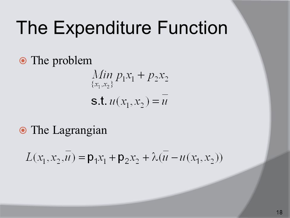 The Expenditure Function  The problem  The Lagrangian 18