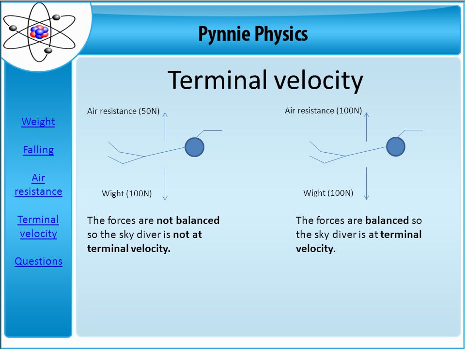 Terminal velocity Air resistance (50N) Wight (100N) Air resistance (100N) Wight (100N) The forces are not balanced so the sky diver is not at terminal velocity.