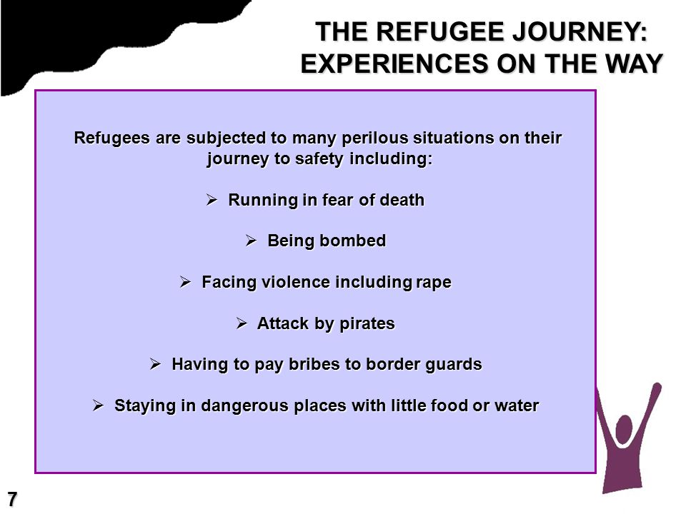 THE REFUGEE JOURNEY: EXPERIENCES ON THE WAY Refugees are subjected to many perilous situations on their Refugees are subjected to many perilous situations on their journey to safety including: journey to safety including:  Running in fear of death  Being bombed  Facing violence including rape  Attack by pirates  Having to pay bribes to border guards  Staying in dangerous places with little food or water 7