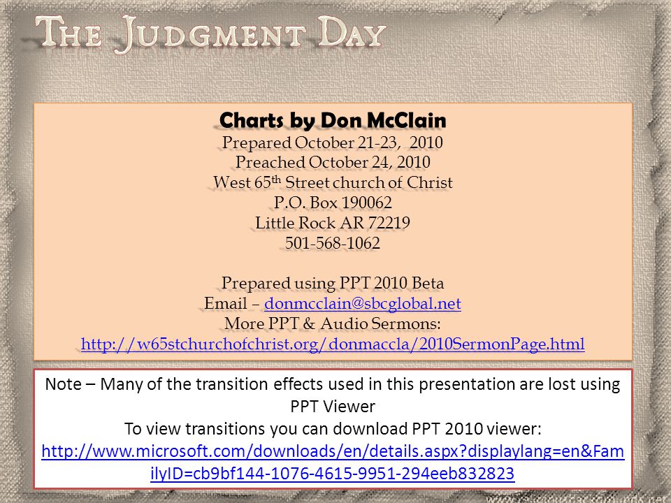 20 Charts by Don McClain Prepared October 21-23, 2010 Preached October 24, 2010 West 65 th Street church of Christ P.O.