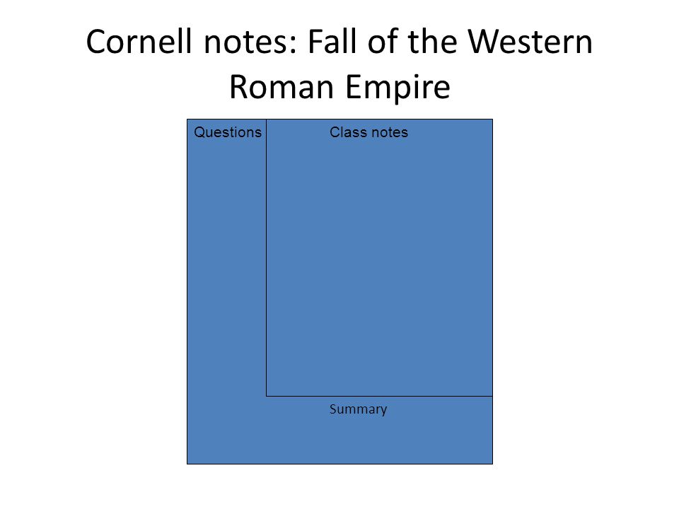 Cornell notes: Fall of the Western Roman Empire QuestionsClass notes Summary