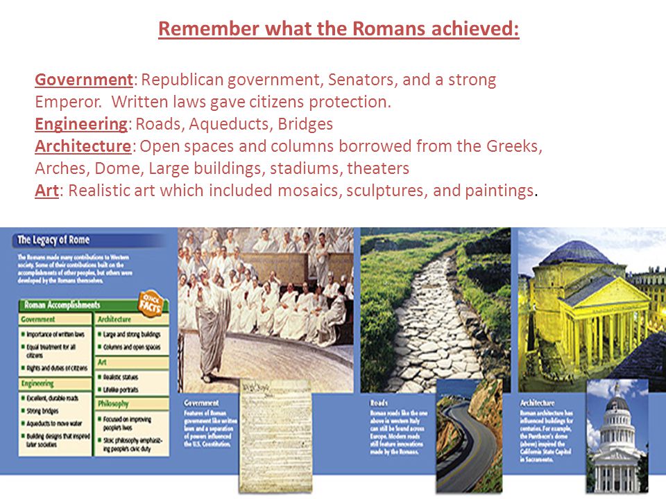 Remember what the Romans achieved: Government: Republican government, Senators, and a strong Emperor.