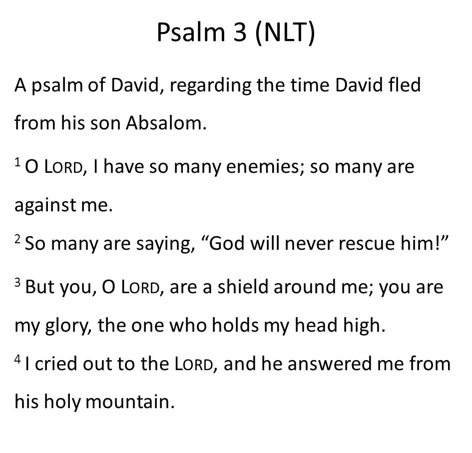 Psalm 3 (NLT) A psalm of David, regarding the time David fled from his son Absalom.