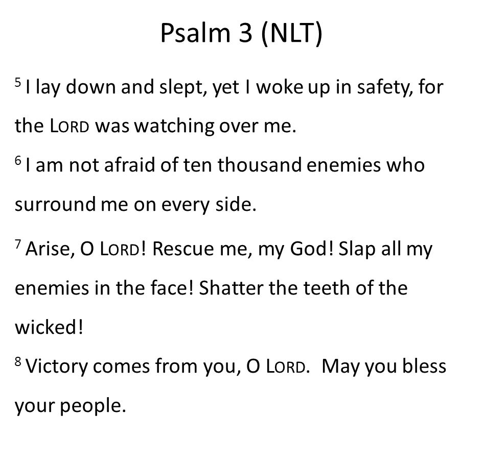 Psalm 3 (NLT) 5 I lay down and slept, yet I woke up in safety, for the L ORD was watching over me.
