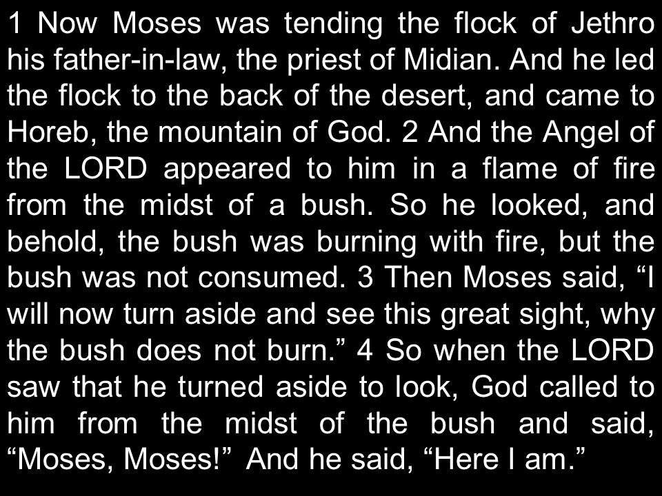 1 Now Moses was tending the flock of Jethro his father-in-law, the priest of Midian.