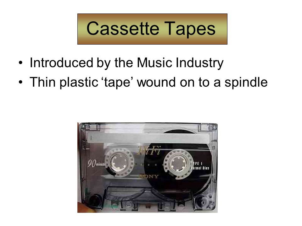 Cassette Tapes Introduced by the Music Industry Thin plastic ‘tape’ wound on to a spindle