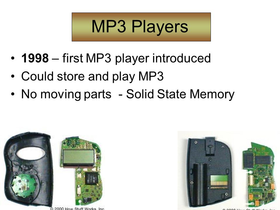 MP3 Players 1998 – first MP3 player introduced Could store and play MP3 No moving parts - Solid State Memory