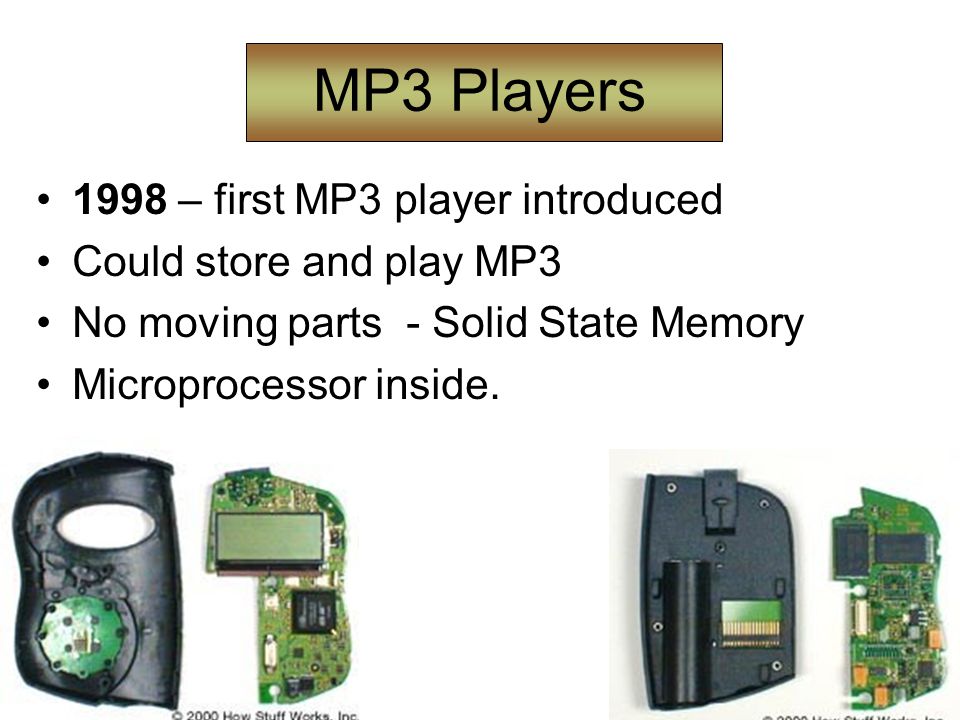 MP3 Players 1998 – first MP3 player introduced Could store and play MP3 No moving parts - Solid State Memory Microprocessor inside.