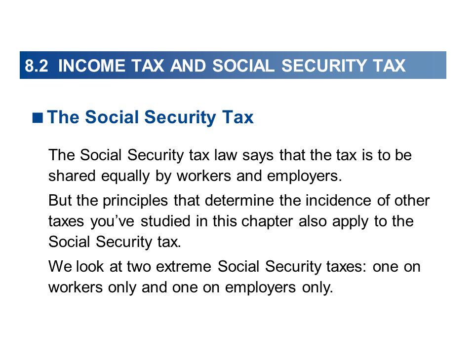  The Social Security Tax The Social Security tax law says that the tax is to be shared equally by workers and employers.