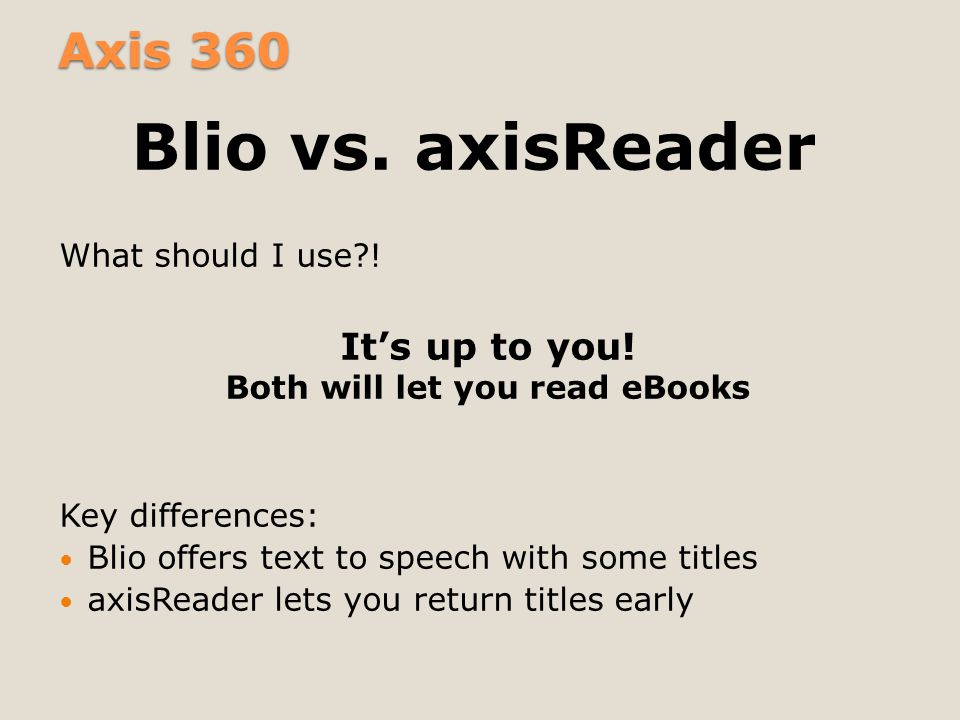 Axis 360 Blio vs. axisReader What should I use . It’s up to you.