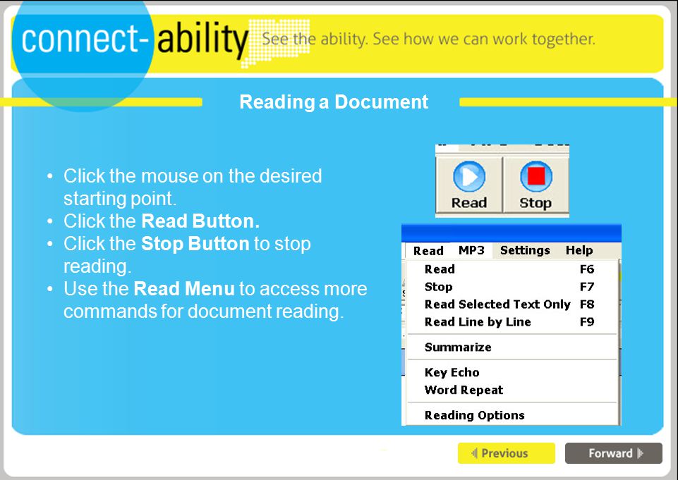 Reading a Document Click the mouse on the desired starting point.