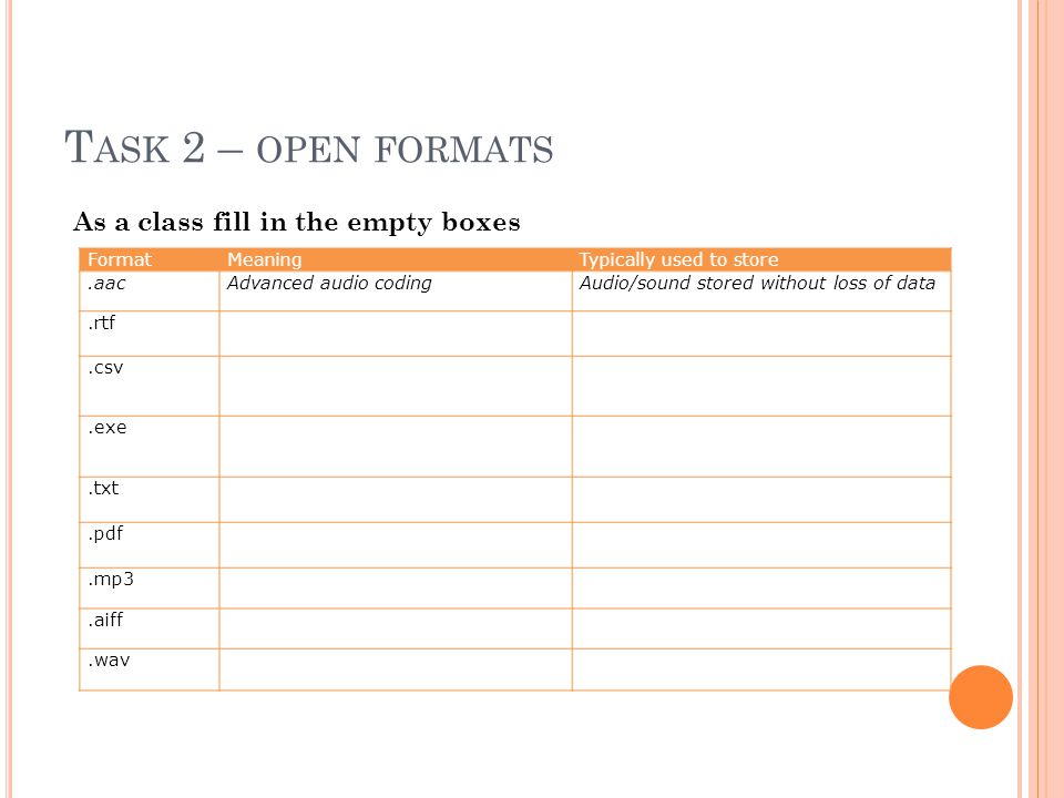 T ASK 2 – OPEN FORMATS As a class fill in the empty boxes FormatMeaningTypically used to store.aacAdvanced audio codingAudio/sound stored without loss of data.rtf.csv.exe.txt.pdf.mp3.aiff.wav