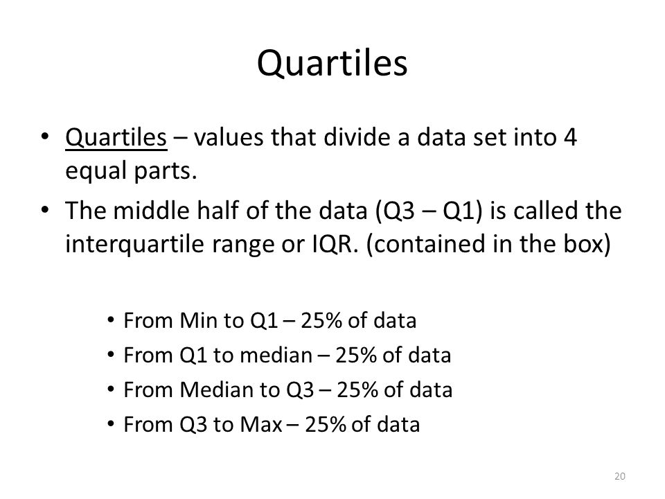 Quartiles Quartiles – values that divide a data set into 4 equal parts.