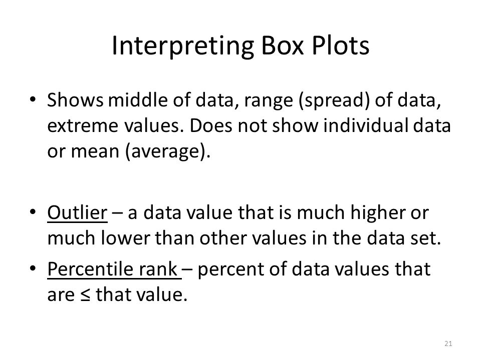 Interpreting Box Plots Shows middle of data, range (spread) of data, extreme values.