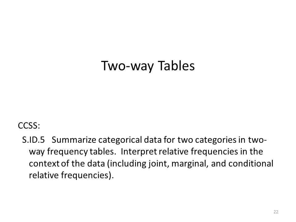 Two-way Tables CCSS: S.ID.5 Summarize categorical data for two categories in two- way frequency tables.