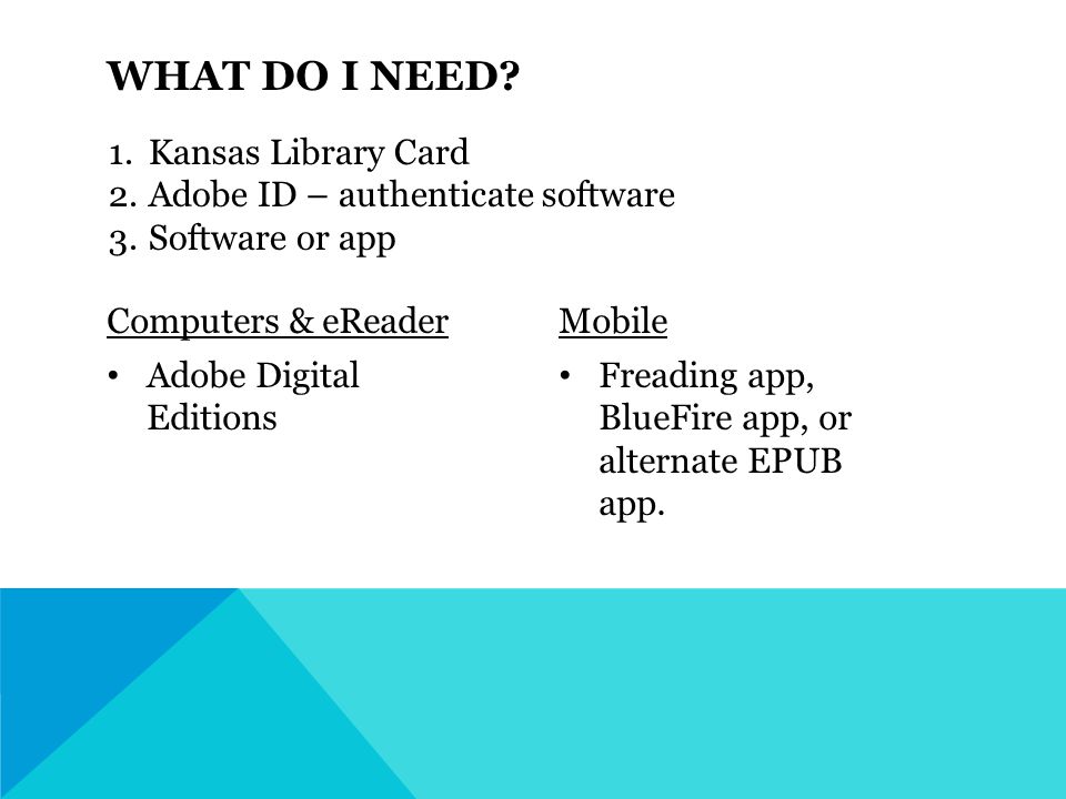 Computers & eReader Adobe Digital Editions Mobile Freading app, BlueFire app, or alternate EPUB app.