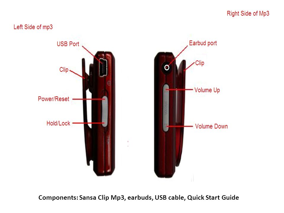 Components: Sansa Clip Mp3, earbuds, USB cable, Quick Start Guide