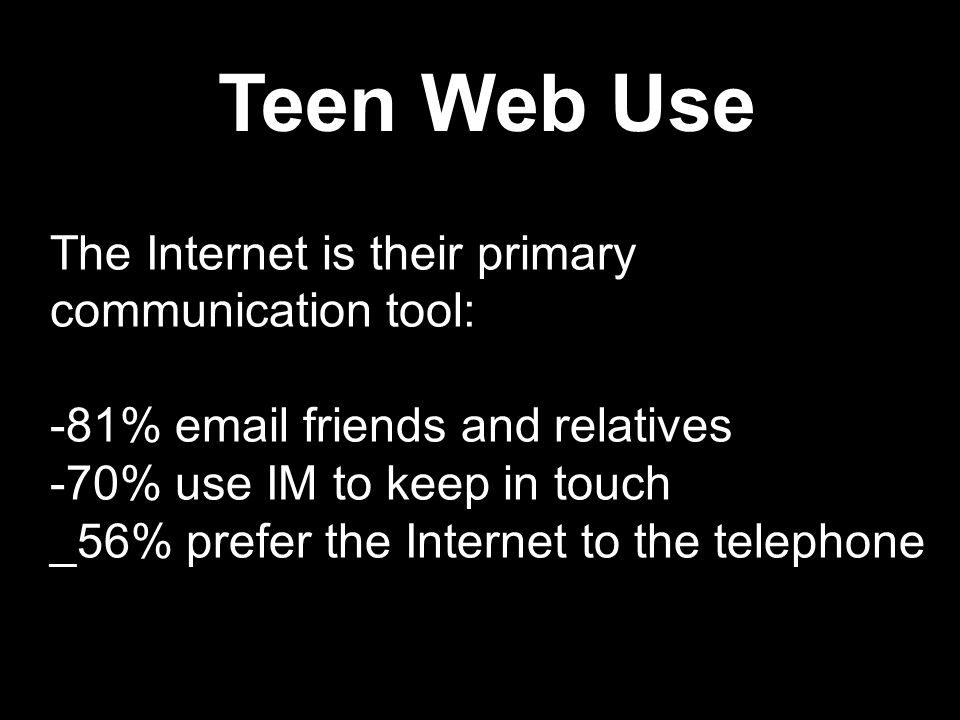 The Internet is their primary communication tool: -81%  friends and relatives -70% use IM to keep in touch _56% prefer the Internet to the telephone Teen Web Use