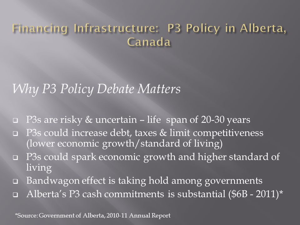 Why P3 Policy Debate Matters  P3s are risky & uncertain – life span of years  P3s could increase debt, taxes & limit competitiveness (lower economic growth/standard of living)  P3s could spark economic growth and higher standard of living  Bandwagon effect is taking hold among governments  Alberta’s P3 cash commitments is substantial ($6B )* *Source: Government of Alberta, Annual Report