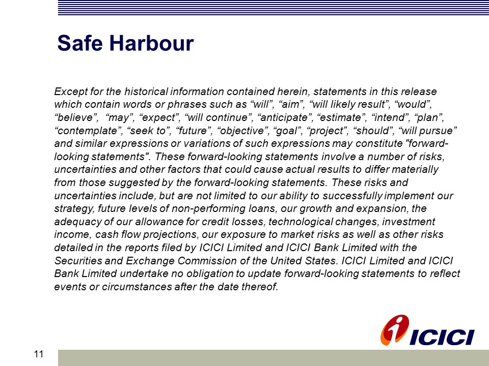 11 Safe Harbour Except for the historical information contained herein, statements in this release which contain words or phrases such as will , aim , will likely result , would , believe , may , expect , will continue , anticipate , estimate , intend , plan , contemplate , seek to , future , objective , goal , project , should , will pursue and similar expressions or variations of such expressions may constitute forward- looking statements .