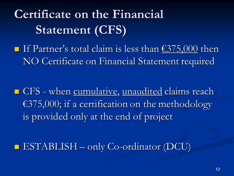 12 Certificate on the Financial Statement (CFS) If Partner’s total claim is less than €375,000 then NO Certificate on Financial Statement required If Partner’s total claim is less than €375,000 then NO Certificate on Financial Statement required CFS - when cumulative, unaudited claims reach €375,000; if a certification on the methodology is provided only at the end of project CFS - when cumulative, unaudited claims reach €375,000; if a certification on the methodology is provided only at the end of project ESTABLISH – only Co-ordinator (DCU) ESTABLISH – only Co-ordinator (DCU)