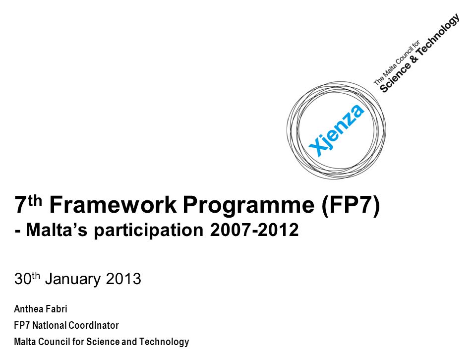 7 th Framework Programme (FP7) - Malta’s participation th January 2013 Anthea Fabri FP7 National Coordinator Malta Council for Science and Technology