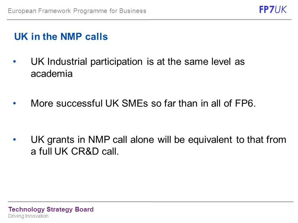 European Framework Programme for Business FP7 UK Technology Strategy Board Driving Innovation UK in the NMP calls UK Industrial participation is at the same level as academia More successful UK SMEs so far than in all of FP6.