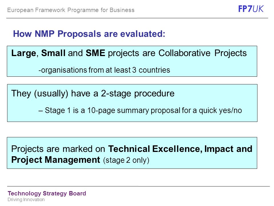 European Framework Programme for Business FP7 UK Technology Strategy Board Driving Innovation How NMP Proposals are evaluated: Large, Small and SME projects are Collaborative Projects -organisations from at least 3 countries They (usually) have a 2-stage procedure – Stage 1 is a 10-page summary proposal for a quick yes/no Projects are marked on Technical Excellence, Impact and Project Management (stage 2 only)