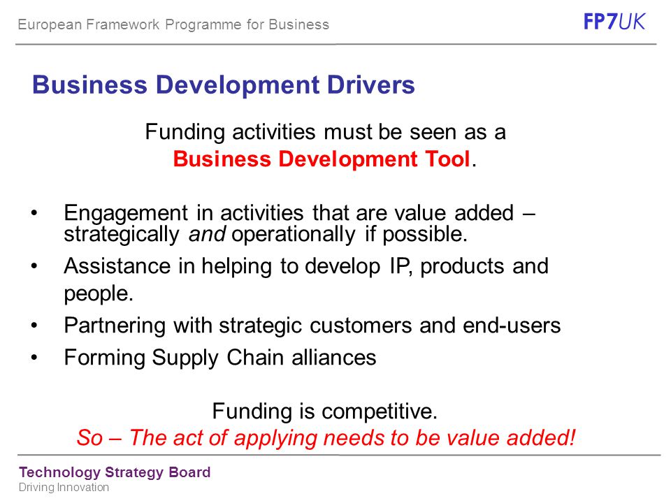 European Framework Programme for Business FP7 UK Technology Strategy Board Driving Innovation Business Development Drivers Funding activities must be seen as a Business Development Tool.