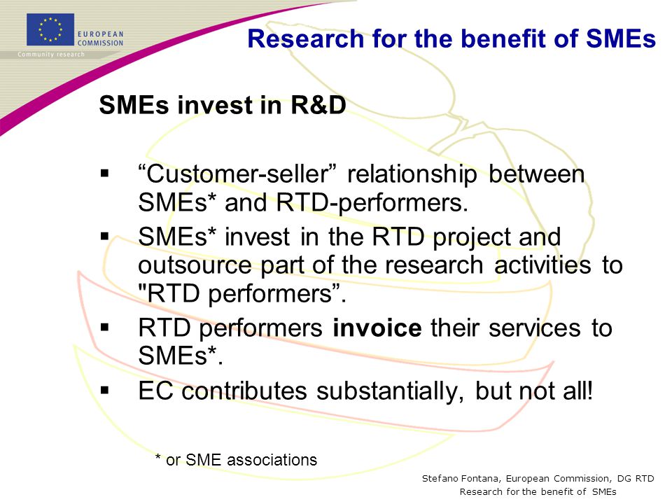Stefano Fontana, European Commission, DG RTD Research for the benefit of SMEs SMEs invest in R&D  Customer-seller relationship between SMEs* and RTD-performers.