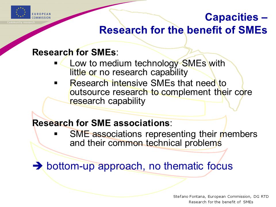 Stefano Fontana, European Commission, DG RTD Research for the benefit of SMEs Capacities – Research for the benefit of SMEs Research for SMEs:  Low to medium technology SMEs with little or no research capability  Research intensive SMEs that need to outsource research to complement their core research capability Research for SME associations:  SME associations representing their members and their common technical problems  bottom-up approach, no thematic focus