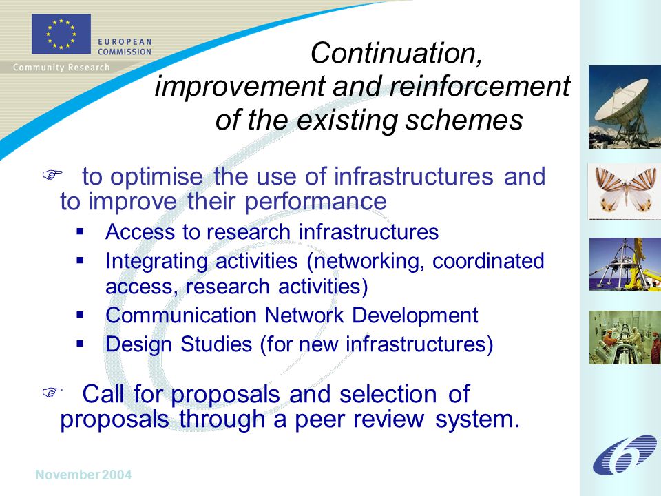 November 2004 Continuation, improvement and reinforcement of the existing schemes  to optimise the use of infrastructures and to improve their performance  Access to research infrastructures  Integrating activities (networking, coordinated access, research activities)  Communication Network Development  Design Studies (for new infrastructures)  Call for proposals and selection of proposals through a peer review system.