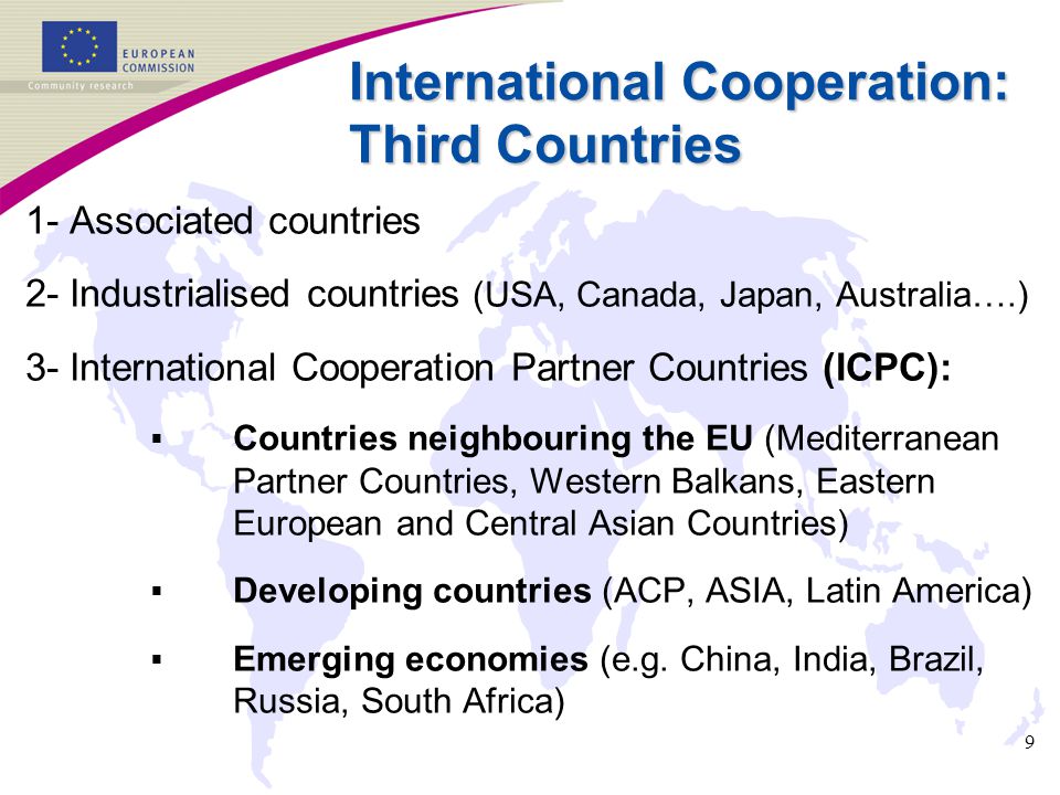 9 International Cooperation: Third Countries 1- Associated countries 2- Industrialised countries (USA, Canada, Japan, Australia….) 3- International Cooperation Partner Countries (ICPC):  Countries neighbouring the EU (Mediterranean Partner Countries, Western Balkans, Eastern European and Central Asian Countries)  Developing countries (ACP, ASIA, Latin America)  Emerging economies (e.g.