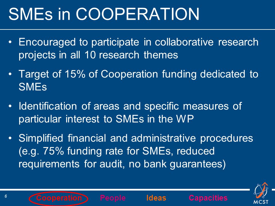 Cooperation People Ideas Capacities 6 SMEs in COOPERATION Encouraged to participate in collaborative research projects in all 10 research themes Target of 15% of Cooperation funding dedicated to SMEs Identification of areas and specific measures of particular interest to SMEs in the WP Simplified financial and administrative procedures (e.g.