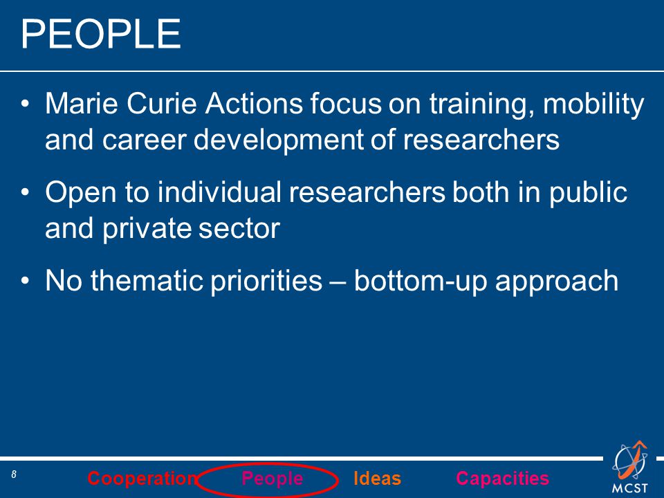 Cooperation People Ideas Capacities 8 PEOPLE Marie Curie Actions focus on training, mobility and career development of researchers Open to individual researchers both in public and private sector No thematic priorities – bottom-up approach